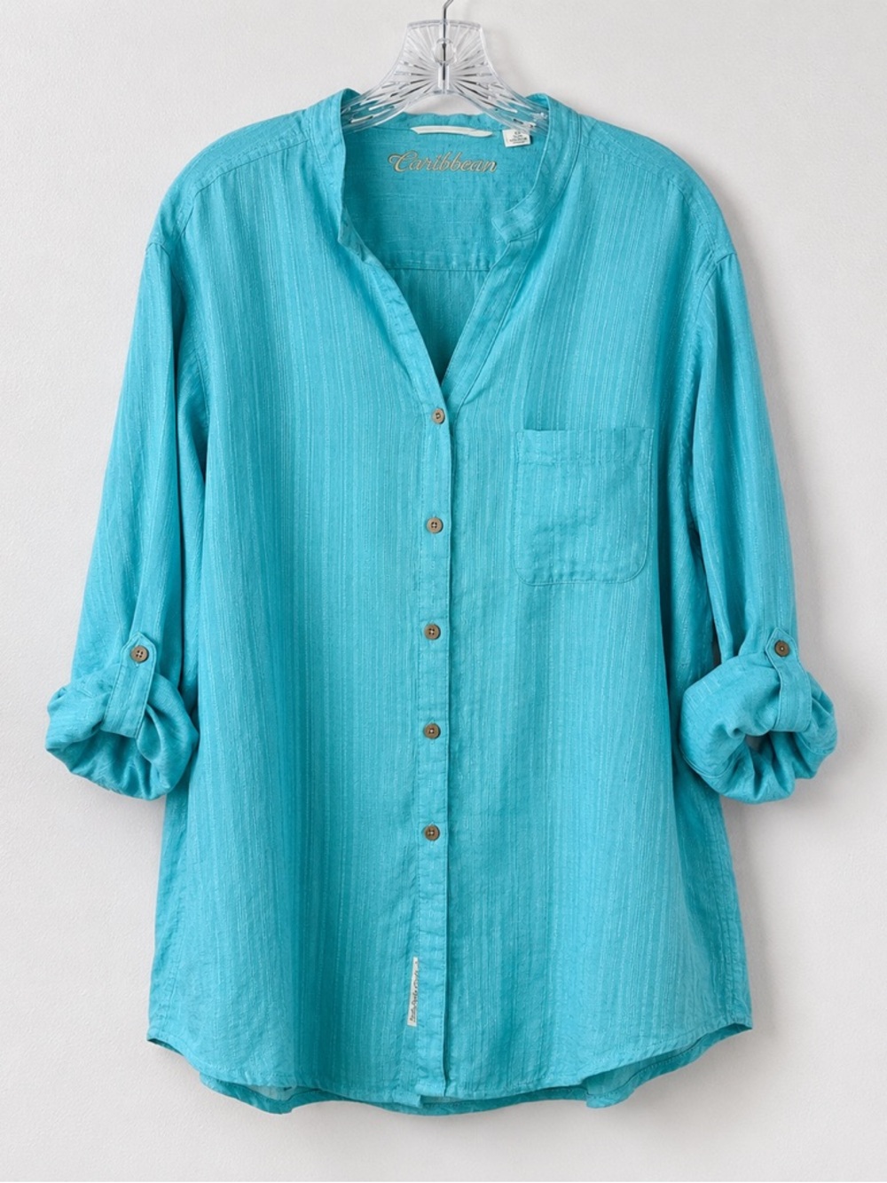 Caribbean Turquoise Linen Blend Button Up Shirt XL Beach Coastal Boho